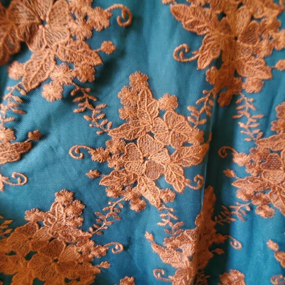 Logo Lavish by Lori Goldstein L Teal Green Tunic Brown Floral Embroidery Lace - Picture 4 of 12